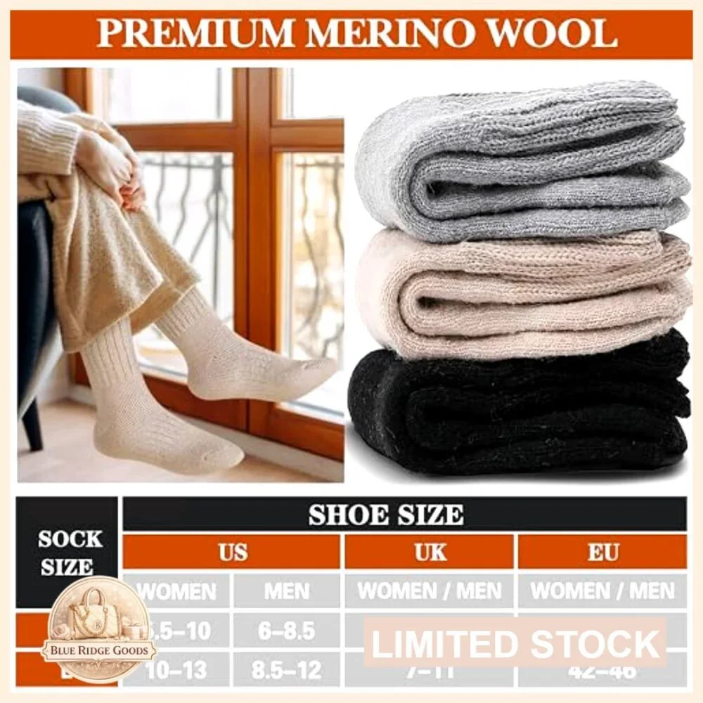Merino Wool Thermal Boot Socks Thick Cozy Hiking Winter Unisex 3 Pairs